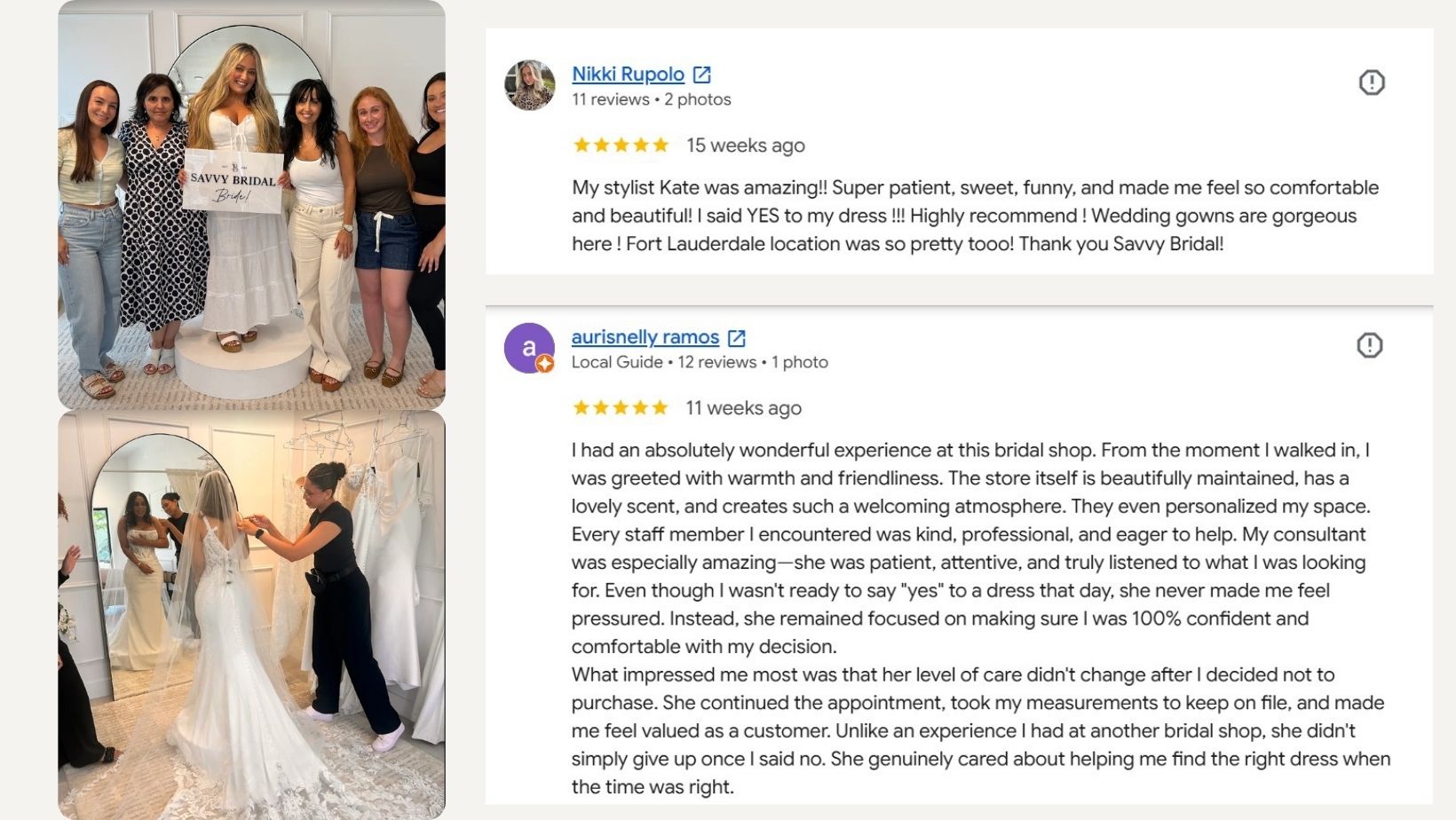 Real feedback from Savvy Bridal Fort Lauderdale brides about the people behind their experience.