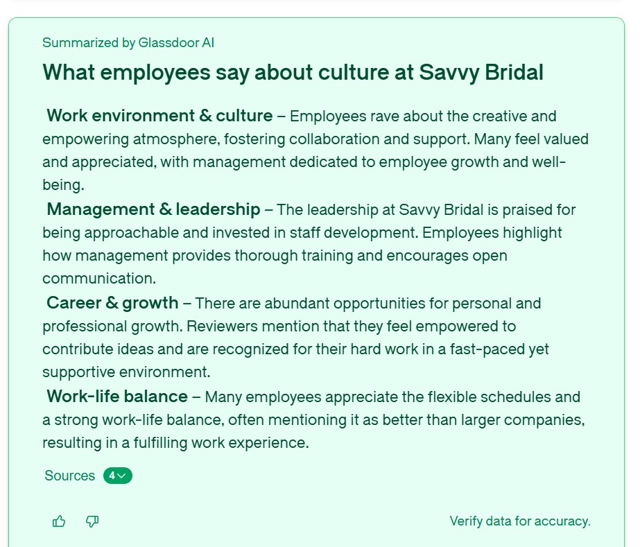 Employee culture highlights summarized by Glassdoor based on Savvy Bridal employee reviews.